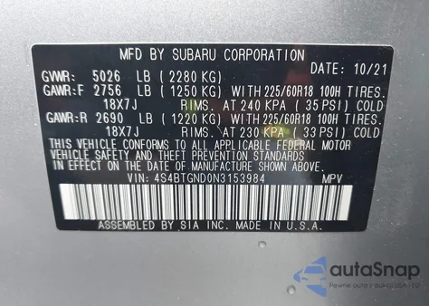 2022 Subaru Outback Limited Xt z USA, uszkodzony, nr VIN 4S4BTGND0N3153984